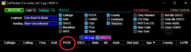 GridTracker2 Call Roster with POTA column circled