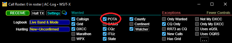 GridTracker2 Call Roster with POTA "Wanted" checkbox circled