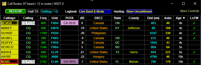 GridTracker2 Call Roster with an all time new park and a previously worked but new today park highlighted