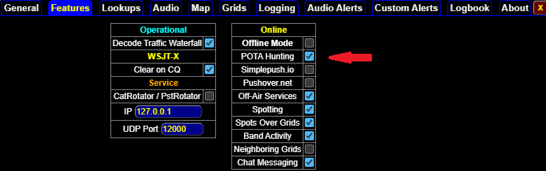 GridTracker2 Features Settings tab with red arrow pointed to POTA Hunting option