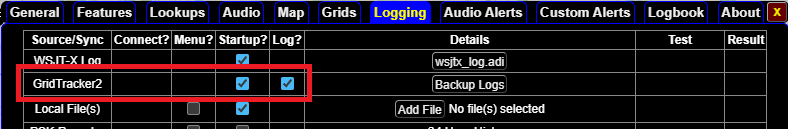 GridTracker2 LOgging Settings tab with GridTracker2 logging area highlighted with a red box