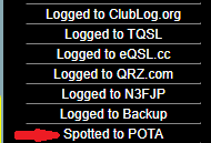 GridTracker2 events "waterfall" with red arrow pointed to "Spotted to POTA" message