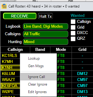 "The menu when right-clicking in the callsign column"