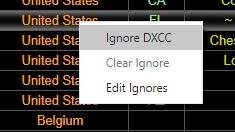 "The menu when right-clicking in the DXCC column"