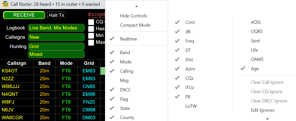 "Call Roster Right Click menu"