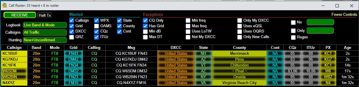 "Example of the Call Roster with several wanted items and CQ Only checked"