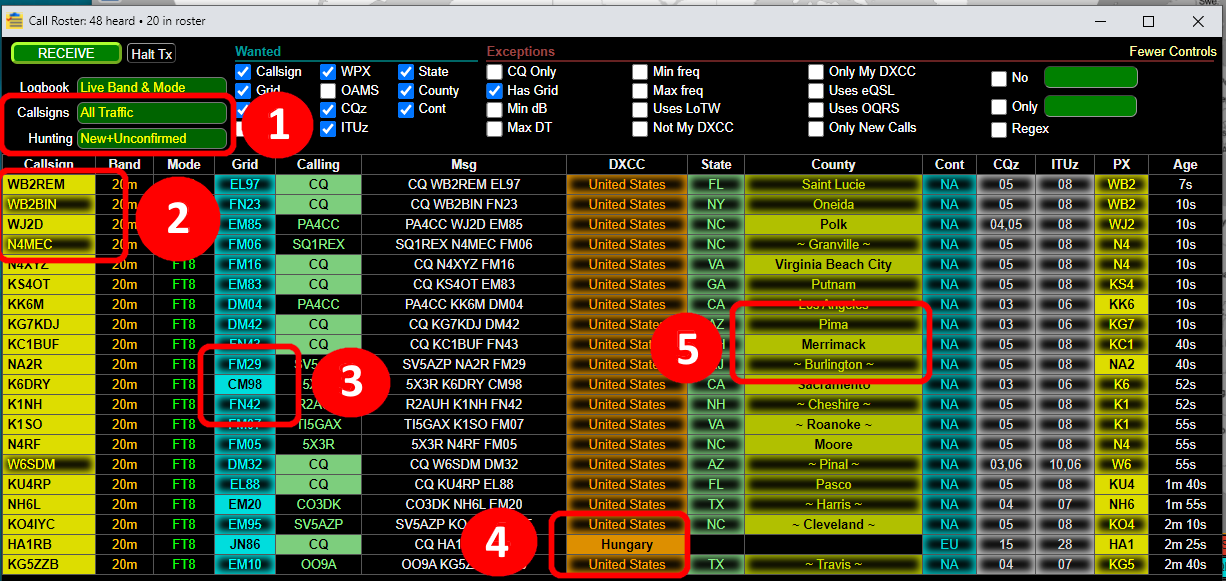 "Example of the Call Roster with several wanted items checked"