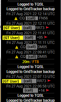 "Screen grab of the GridTracker history area showing decode messages, log events and band changes"