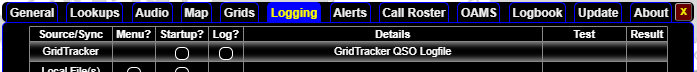 "The GridTracker row of the Logging Settings tab"