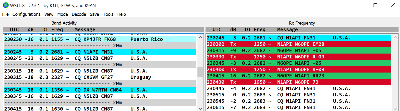 "Screenshot of WSJT-X with a completed QSO exchange between N1API and N6OPE"
