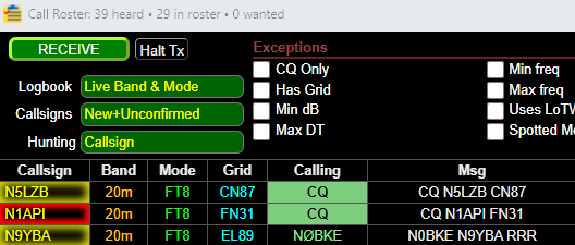 "Screenshot of N1API calling CQ in the Call Roster"