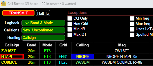 "Screenshot of N1API returning a signal report to N6OPE in the Call Roster"