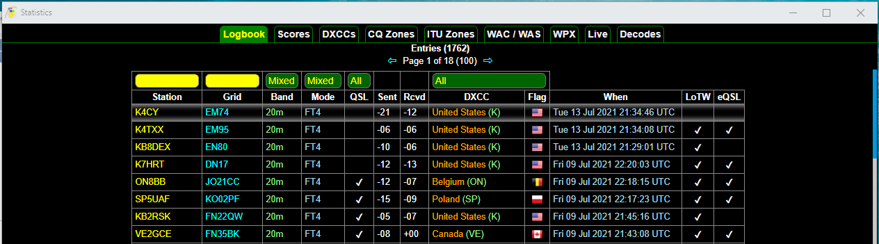 "Logbook tab of the Stats window