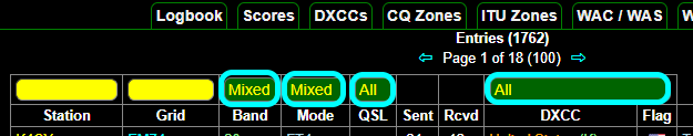 "Logbook header row with drop down options identified"