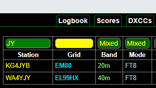 "Logbook with callsign filter containing JY"