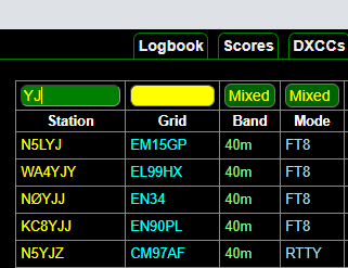 "Logbook with callsign filter containing YJ"