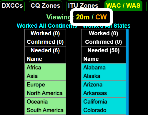 "Example of WAC/WAS award tab viewing 20m/CW"