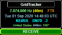 "GridTracker Status Panel showing RECEIVE in a green box"