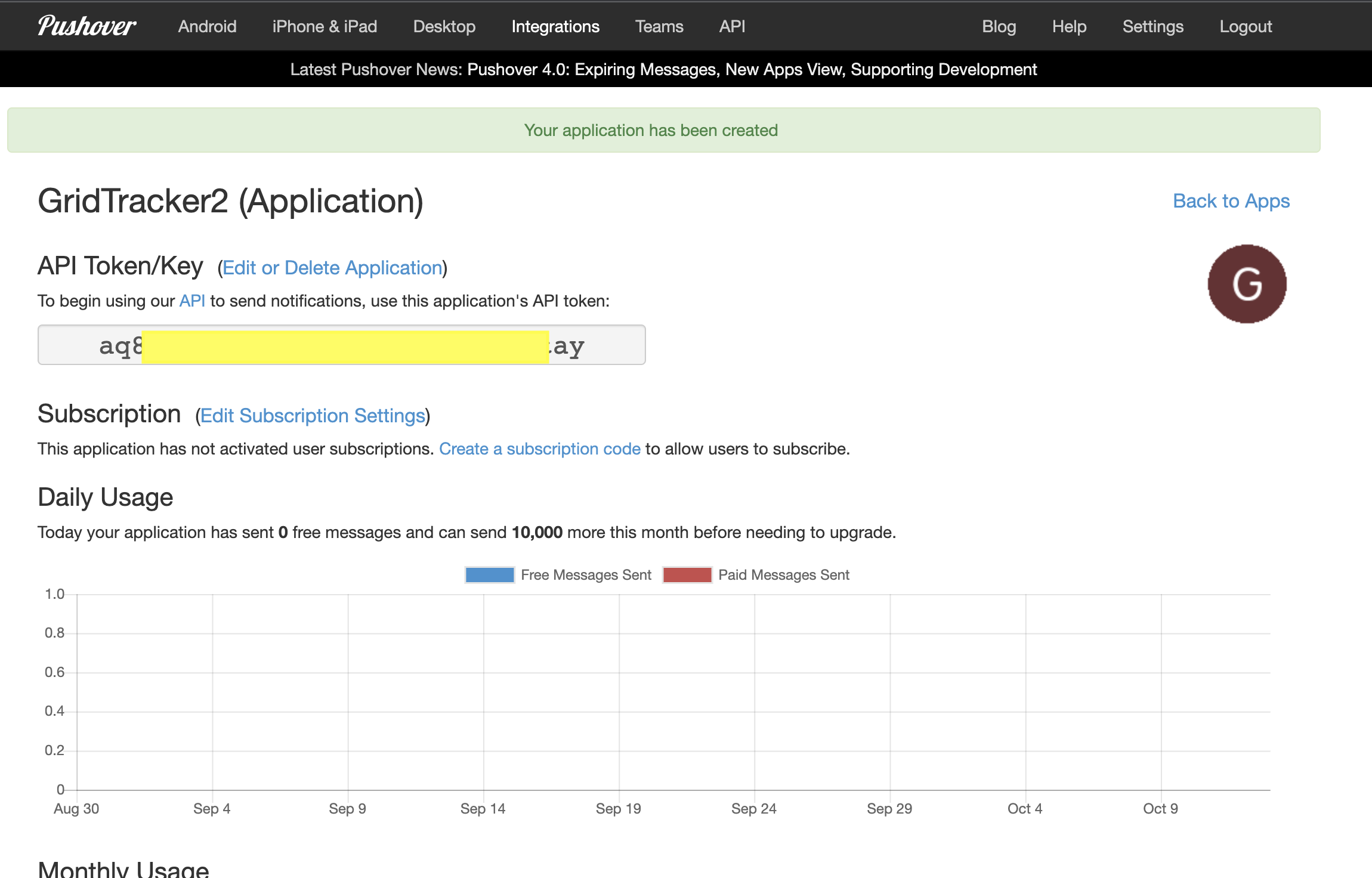 Pushover Webpage New API Token