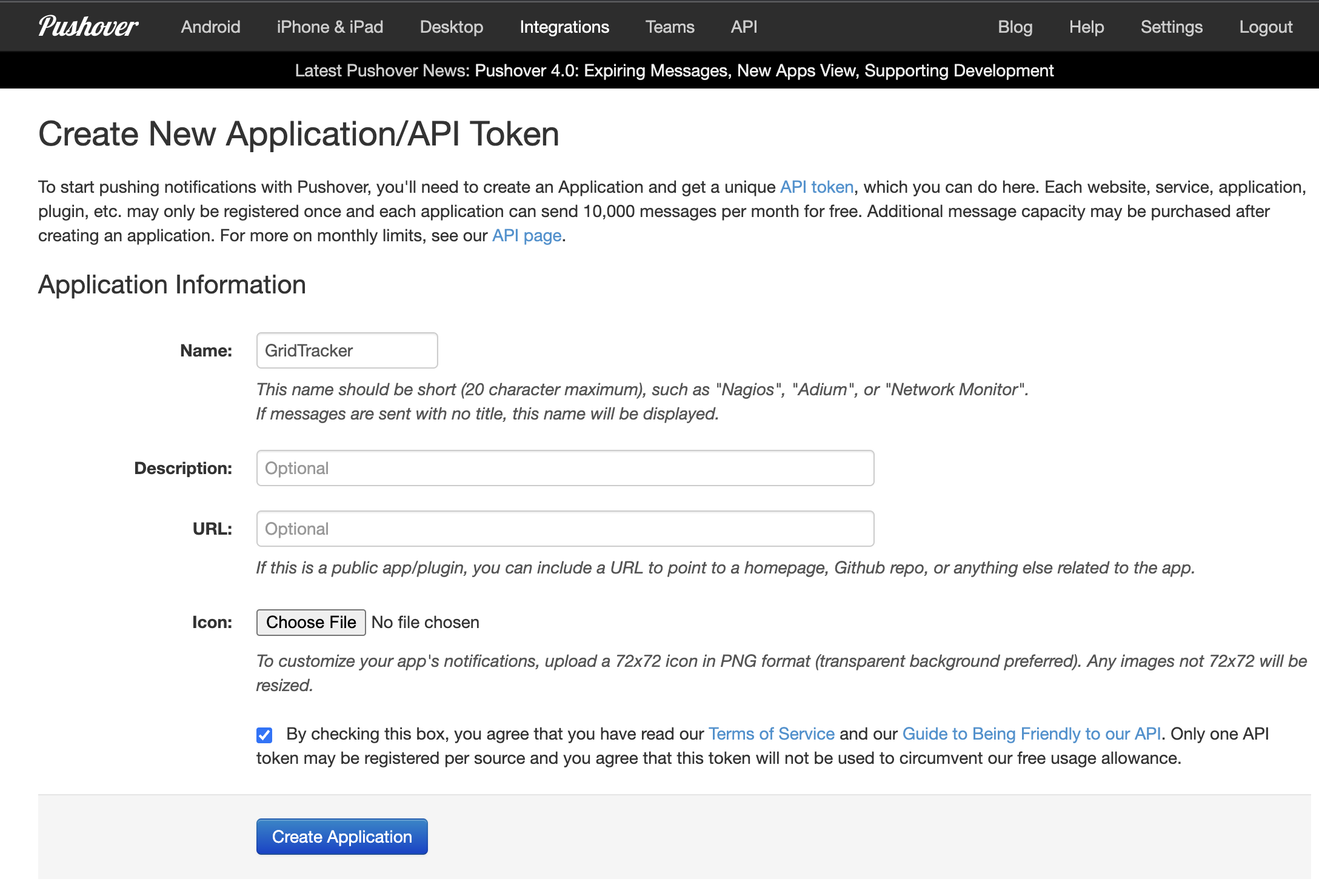 Pushover Webpage New Application Screen
