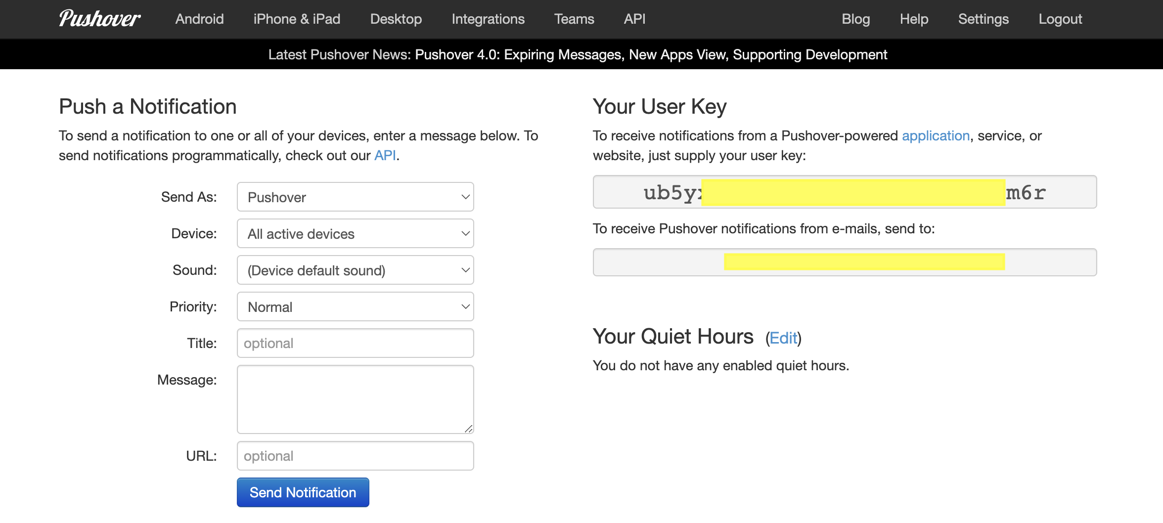 Pushover Webpage User Key